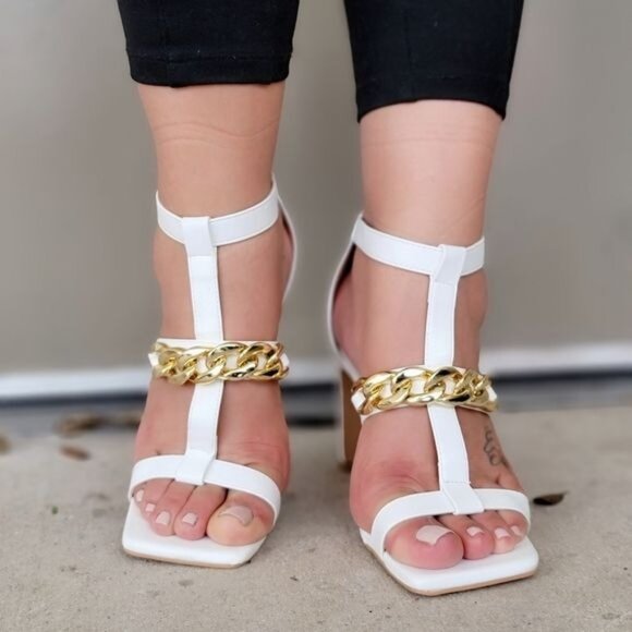 Women's White Gold Chain Chunky Heels - Picture 2 of 4